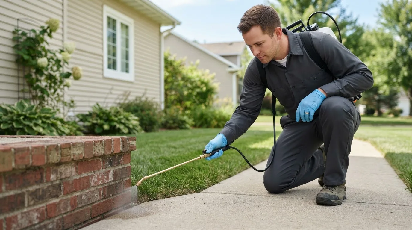 Pest control technician treating a home near Independence, MO